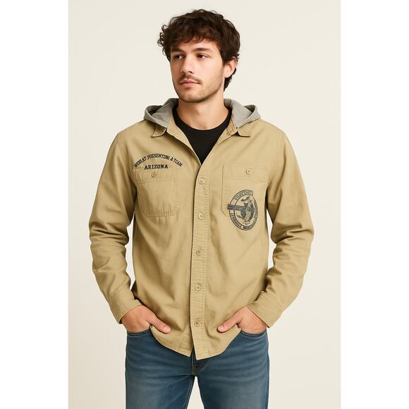 Casual Utility Khaki Button-Up Hooded Shirt Arizona Jean Co. XL 14/16 - Picture 1 of 9